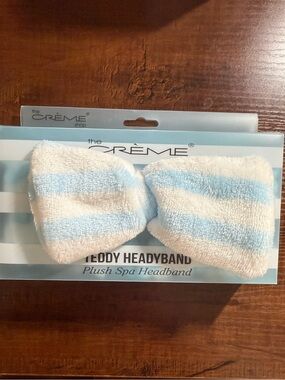 The Crème Shop Teddy Plush Blue and White Striped Spa Headband *NWT